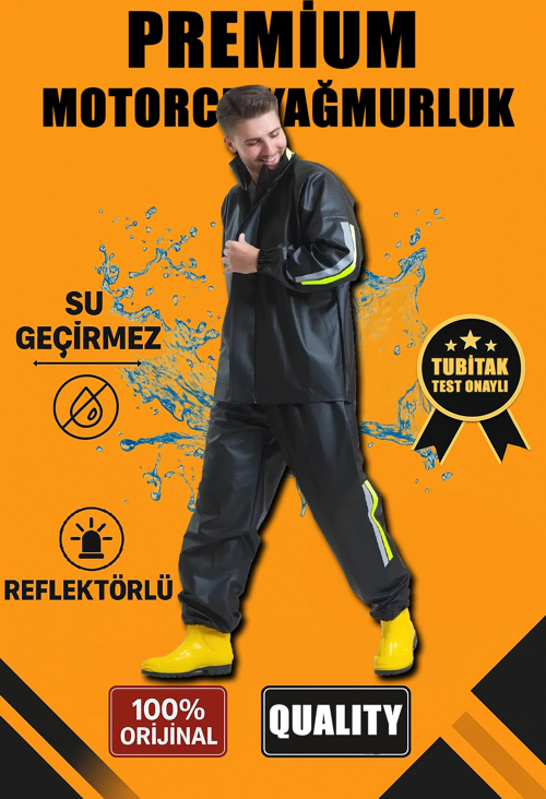 Premium Motorcu Kurye Yağmurluk Takım Su Geçirmez PVC Kumaş Reflektörlü TÜBİTAK Onaylı - Siyah