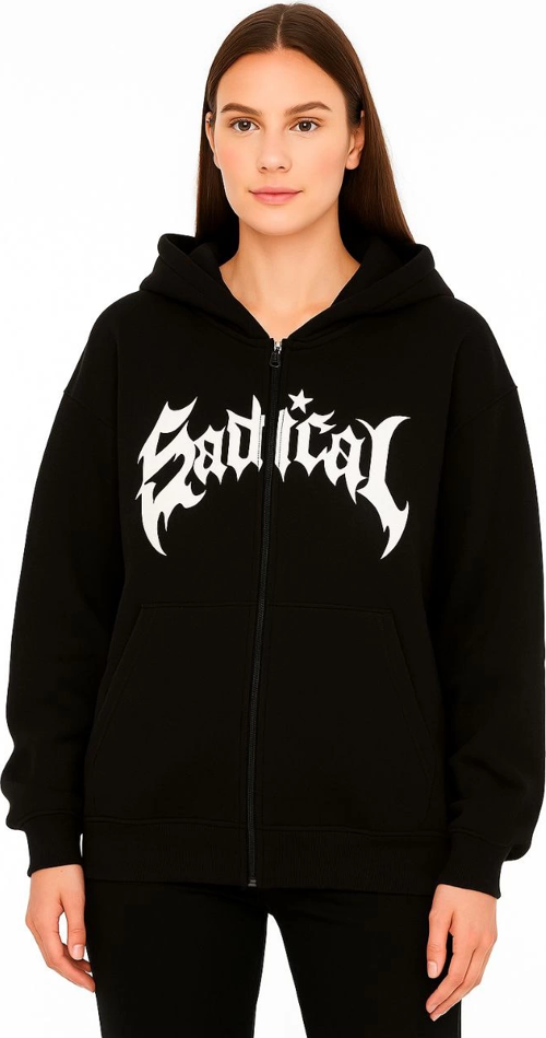 Kadın Kapüşonlu 3 İplik Şardonlu Önü Baskılı Fermuarlı Oversize Sweatshirt - Siyah