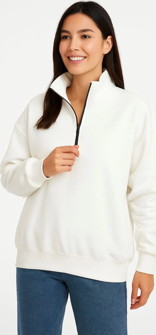 Kadın Üç İplik Dık Yaka Yarım Fermuarlı SweatShirt - Beyaz