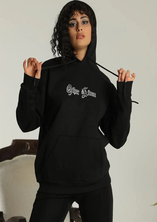 Kadın Oversize Üç İplik Kapüşonlu Sweatshirt – Siyah “Other Lives” Ön ve Arka Baskılı, Şardonlu Kışlık, Rahat Günlük Model Siyah