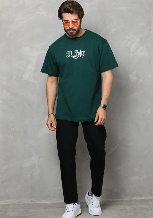 Unisex Bisiklet Yaka Baskılı Oversize T-Shirt - Yeşil