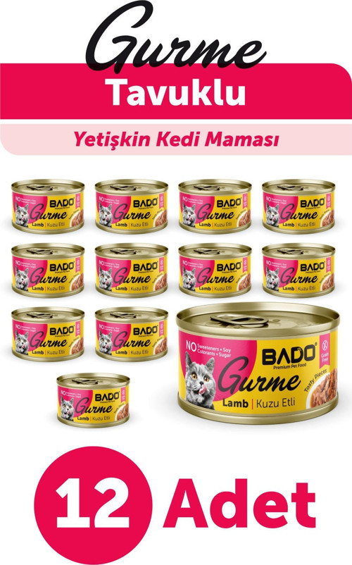 GURME YAŞ YETİŞKİN KEDİ MAMASI KUZU ETLİ 85 GR 12 ADET