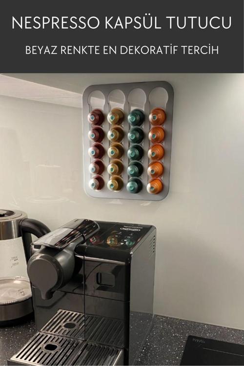 Nespresso Ve Starbucks Uyumlu Duvar Tipi Kapsül Kahve Standı Tutacağı Beyaz Kapsül Tutucu Kapsül