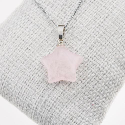 Pembe Kuvars Taşı Yıldız Kolye-Kararmaz Zincirli