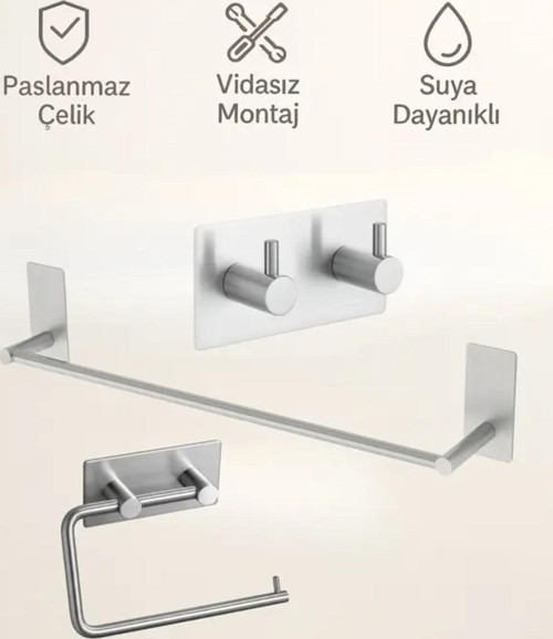 3'Lü Set (Paslanmaz Çelik Yapışkanlı Havlu Askılığı, Tuvalet Kağıtlığı Ve 2'Li Askılık) Yapışkanlı