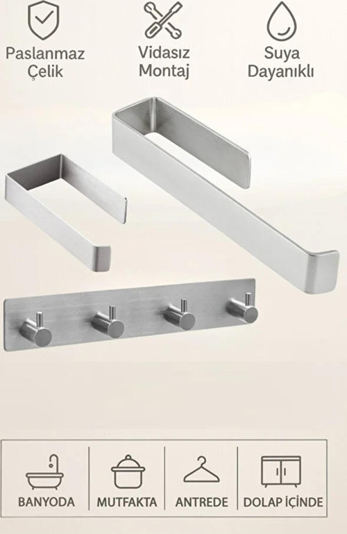3'Lü Set (Paslanmaz Çelik Yapışkanlı Havlu Askılığı, Tuvalet Kağıtlığı Ve 4'Lü Askılık) Yapışkanlı