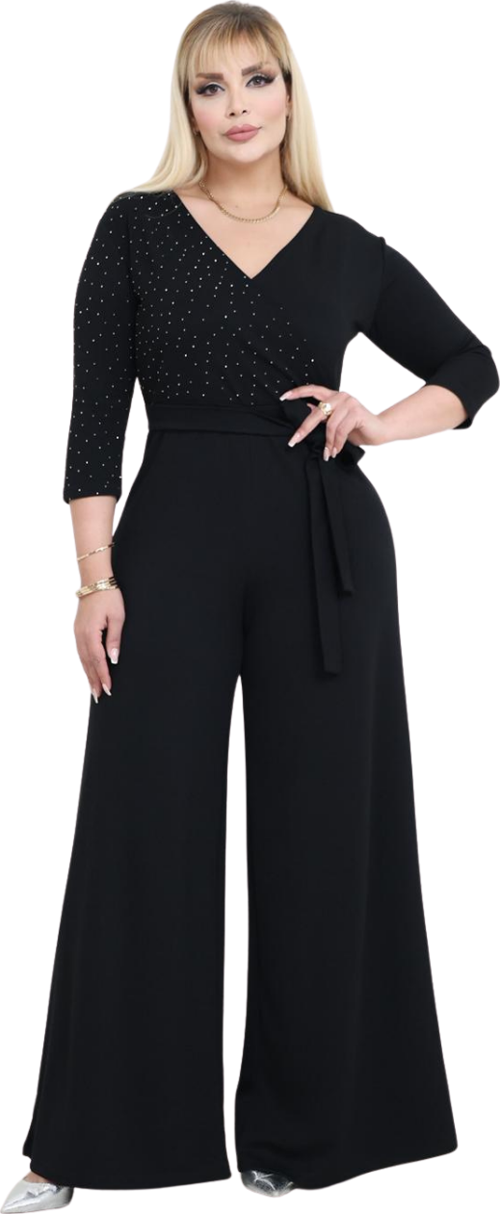 Butik Modal Kruvaze Yaka Siyah Taş Baskılı Büyük Beden Tulum