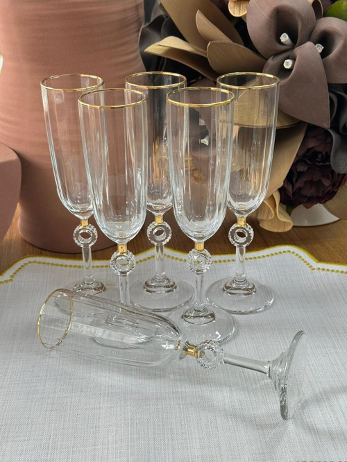 Kristal Kahve Yanı Flüt Su Bardağı / Gold / Sunum / Soda Bardağı / Kadeh / 6 Lı / 150 Ml