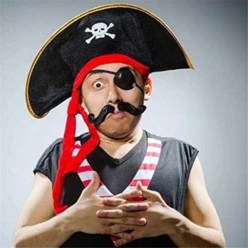 BFS Nessiworld Yetişkin Boy Kadife Kaptan Jack Sparrow Korsan Şapkası ve Plastik Korsan Göz Maskesi