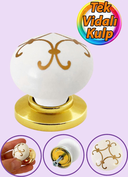 Defne Altın Çizgili Beyaz Polimer Düğme Kulp Altın Tablalı Mobilya Mutfak Dolabı Çekmece Kulbu Kulpl