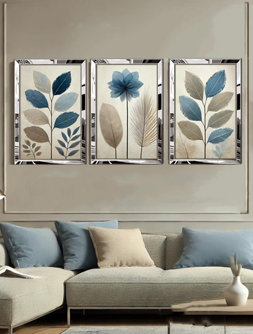 Pleksi Çerçeveli Mavi Pastel Çiçek Tablo 3Lü