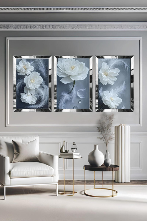 Pleksi Çerçeveli Beyaz Çiçek Tablo 3Lü