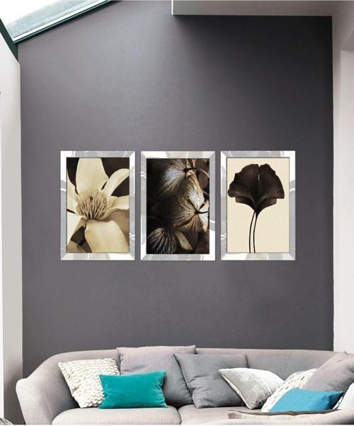 Modern Çiçek Gümüş Çerçeveli 3Lü Tablo