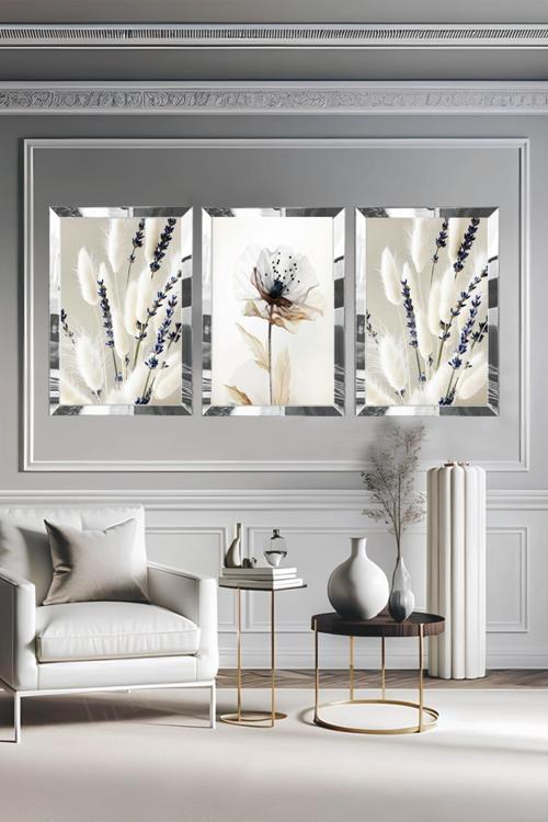 Pleksi Çerçeveli Modern Beyaz Çiçek Tablo Gold 3Lü