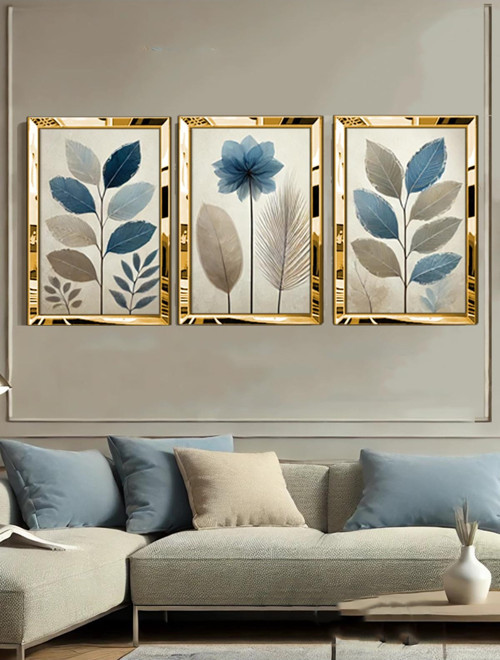 Pleksi Çerçeveli Mavi Pastel Çiçek Tablo 3Lü