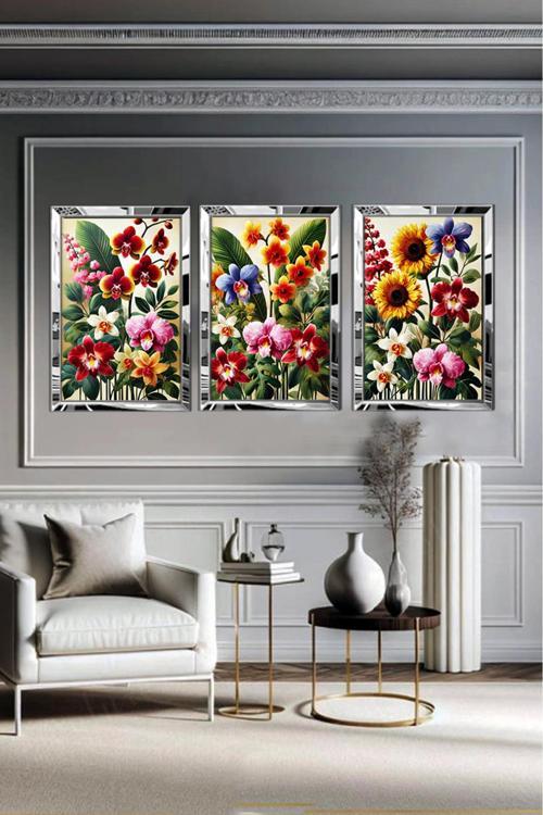 Pleksi Çerçeveli Neşeli Çiçekler Tablo 3Lü