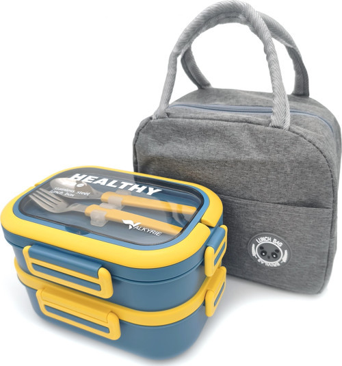 304 Çelik Bölmeli Lunch Box Seti | Termal Çantalı, Bölmeli, Çatal Kaşıklı, Sızdırmaz Yemek Kabı Sarı-Yeşil