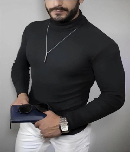 Erkek Kaşkorse Boğazlı Full Likralı Fitilli Body Kazak - Siyah