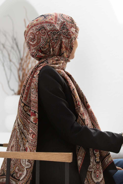 %100 İpek Etro Desenli Siyah - Bordo Renkli 92x210 Şal