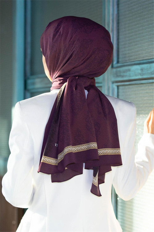 LÜKS MEDİNE İPEĞİ BAROK DESENLİ MÜRDÜM RENKLİ 75X195 KIRIŞMAZ ŞAL MOSS KREP DİKİŞ TİPİ İTALYAN DİKİŞLİ