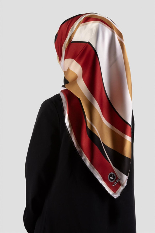 Rayon Modern Dalgalı Çizgi Desenli Bordo - Hardal Renkli 90x90 Dikim Şekli : El Dikişi Eşarp (İpek İçermez)