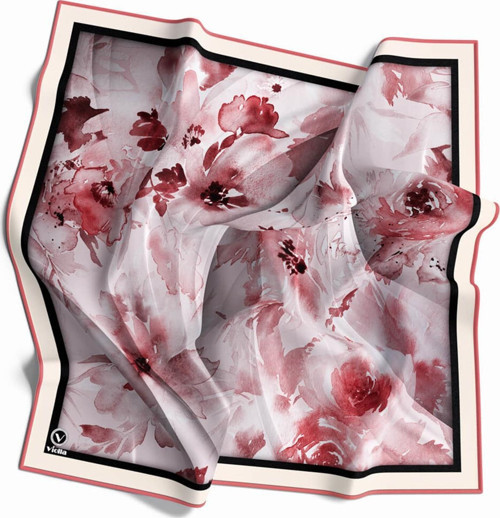 Rayon Sulu Boyalı Çiçek Desenli Pudra Renkli 90x90 Eşarp (İpek İçermez) Kenar Dikiş Şekli El Dikişli