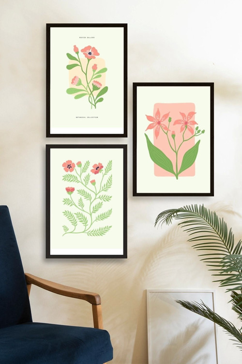 Büro Ev Ofis Dekoru için 30x40CM 3PARÇA Ahşap Çerçeveli Botanik Tema Tablo No17