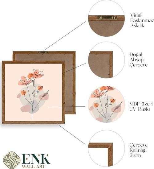 Büro Ev Ofis Dekoru için 42x42CM Tekli Ahşap Çerçeveli Çiçek Tema Tablo No498