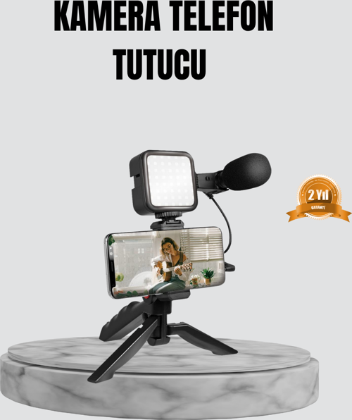 Telefon Video Çekim Kiti LED Aydınlatma Mikrofon Tripodlu Tam Set
