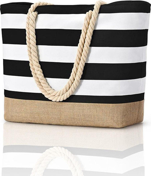 Siyah Su Ve Kum Geçirmez Özellikli Jüt Kumaş Detaylı Büyük Boy Plaj Çantası