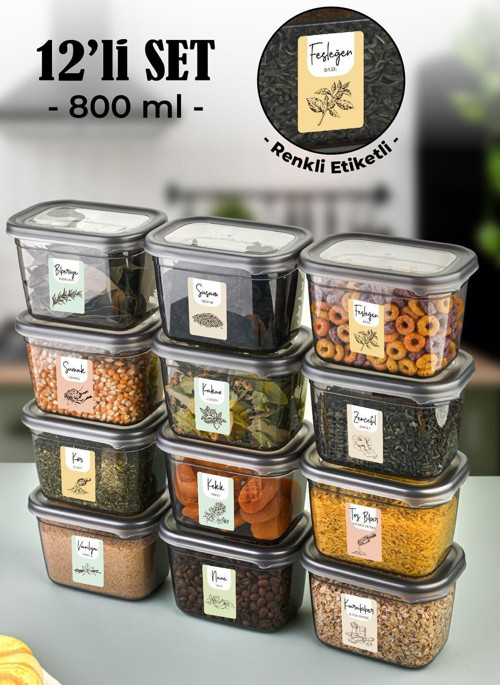 Renkli Etiketli 12li Peggy Dikdörtgen Baharatlık Seti 800 Ml Antrasit