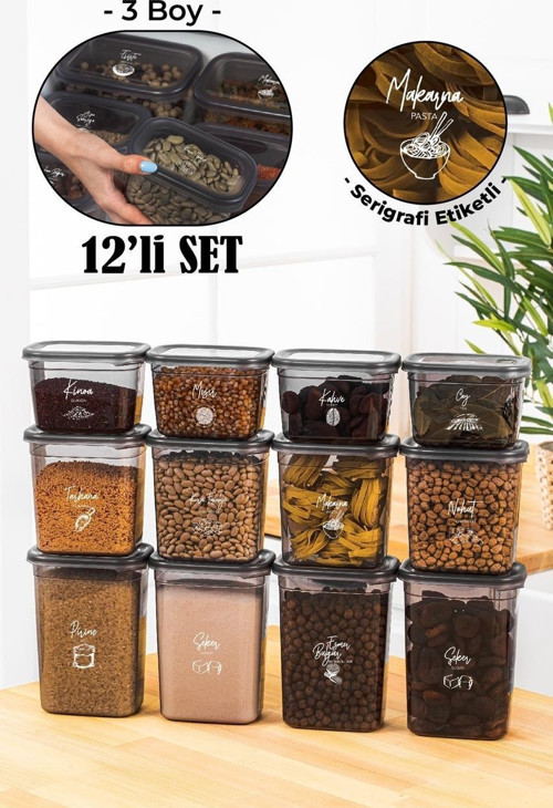 Beyaz Serigrafi Etiketli 12li Peggy Dikdörtgen Saklama Kabı Seti 4x 1500-1150-800 Ml Antrasit Çok Renkli