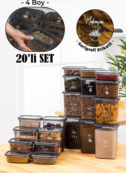 Beyaz Serigrafi Etiketli 20li Peggy Dikdörtgen Saklama Kabı Seti 5x 1500-1150-800-400 Ml Antrasit Çok Renkli