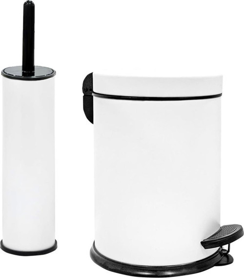 Eko Serisi Ayak Basmalı Özellikli 2'li Banyo Seti 3 Litre Çöp Kovası ve Kolozet Fırçası Paslanmaz Beyaz