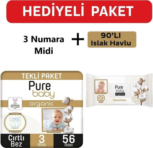 Organik Pamuklu Cırtlı Bez Tekli Paket 3 Numara Midi 56 Adet + 90 Lı Islak Mendil