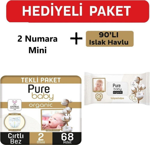 Organik Pamuklu Cırtlı Bez Tekli Paket 2 Numara Mini 68 Adet 3-6 Kg + 90 Lı Islak Mendil