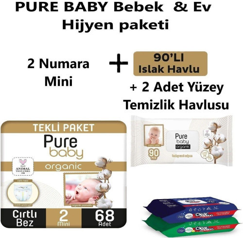 Purebaby 2 No Tekli Mini 68 Adet 3-6 Kg 90 Lı Islak Mendil 2 Pkt 100 Lü Yüzey Temizlik Mendili