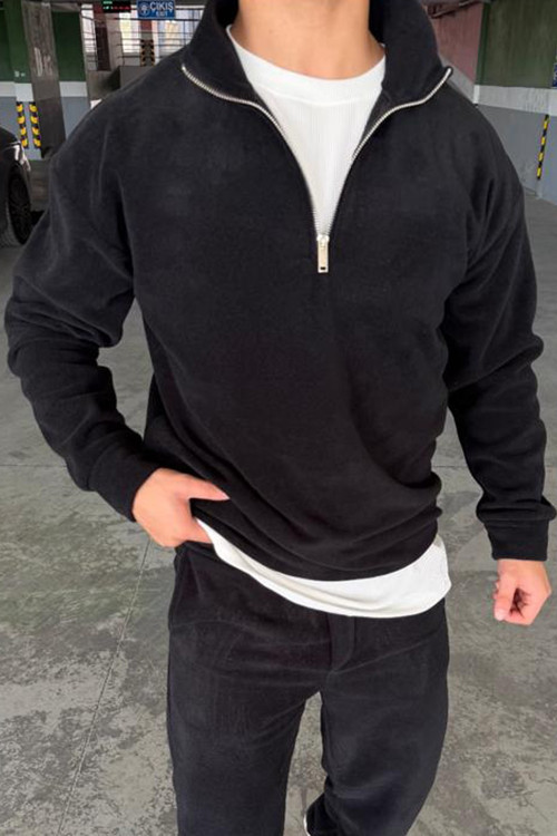 Unisex Slimfit Yarım Fermuarlı Dik Yaka Polar Sweatshirt