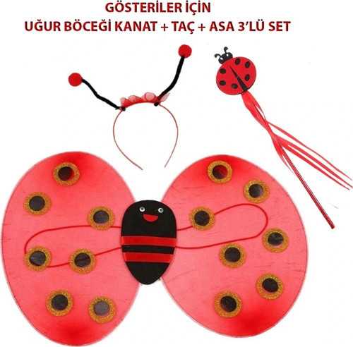 Çocuk Gösteri İçin Uğur Böceği Kanat + Taç + Asa 3'lü Kostüm Seti