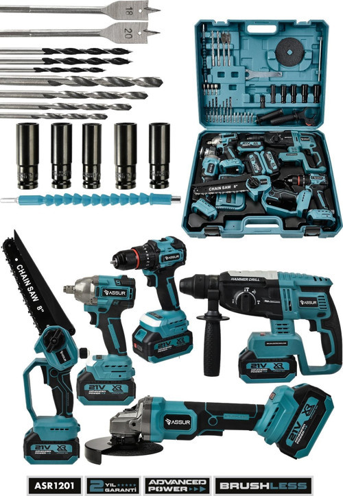 21V Darbeli Kömürsüz 5'li Set Kırıcı Delici Hilti - Taşlama - Somun Sıkma Sökme - Matkap - Budama Testeresi