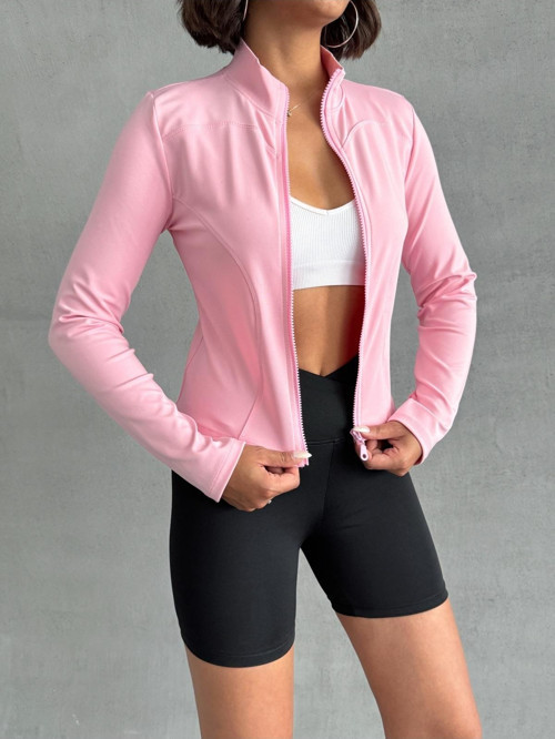 Pembe Vücuda Oturan Fermuarlı Dik Yaka Örme Spor Ceket Mıssce05922