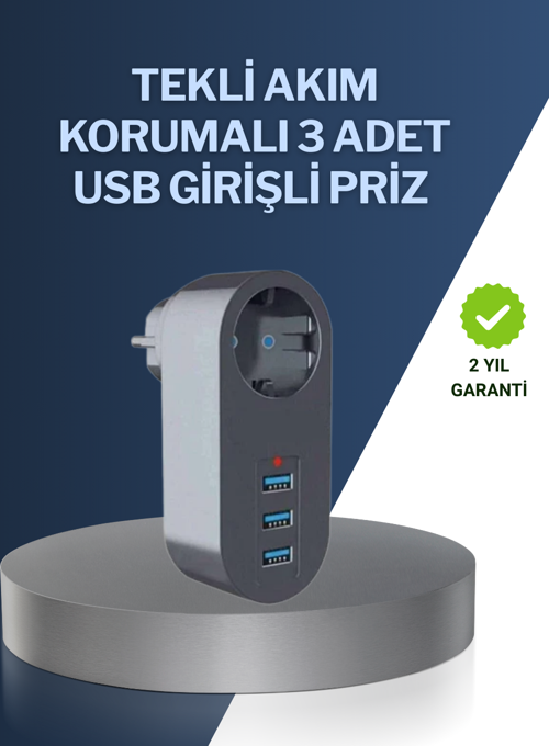 Çocuk Korumalı Termal Priz – 3'lü USB Şarj ve Akım Koruması