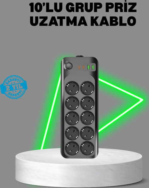 Termal Akım Korumalı 10’lu Grup Priz USB Type-C Hızlı Şarj 2500W 2m Kablo