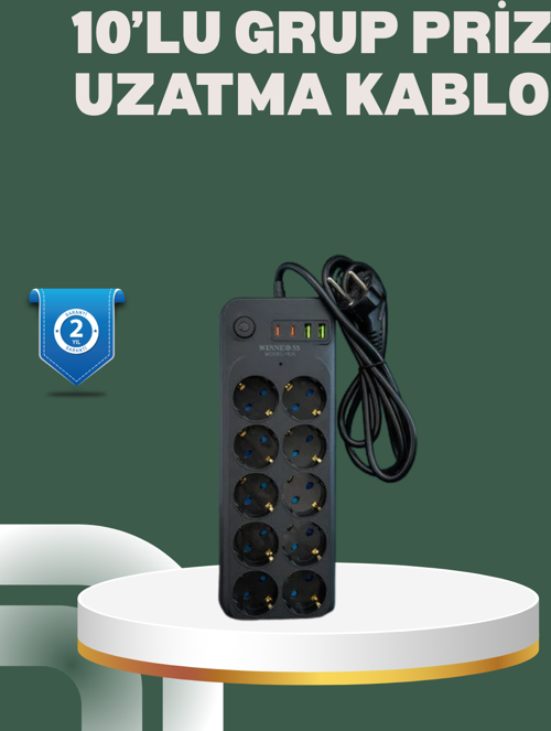 Termal Koruma Sistemli USB Type-C 10’lu Grup Priz 2m 2500W Güç Kapasiteli