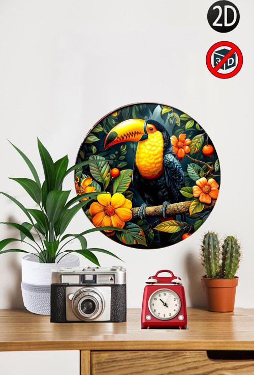 Ahşap Tukan Temalı 28X28 Cm Yuvarlak Ev, Bahçe Mutfak Duvar Dekoru & Hediye İçin Mükemmel Model07