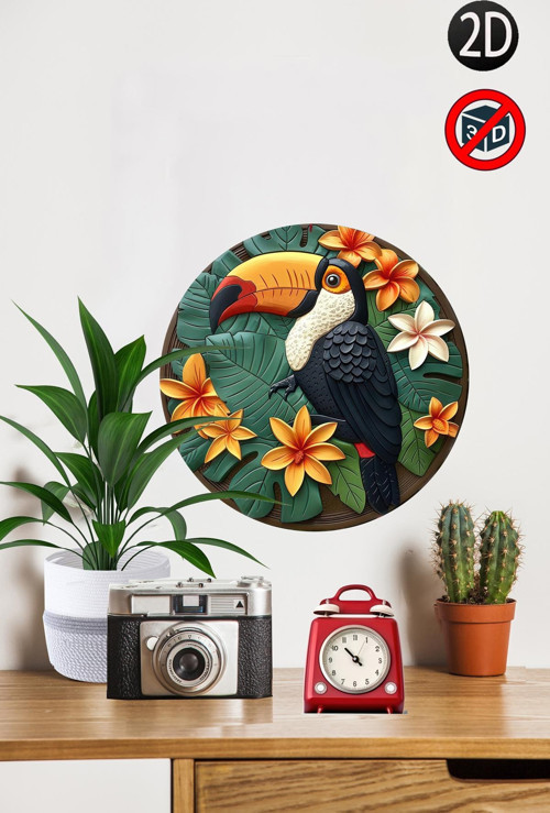 Ahşap Tukan Temalı 28X28 Cm Yuvarlak Ev, Bahçe Mutfak Duvar Dekoru & Hediye İçin Mükemmel Model01
