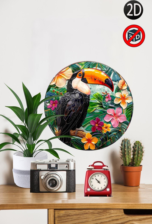 Ahşap Tukan Temalı 28X28 Cm Yuvarlak Ev, Bahçe Mutfak Duvar Dekoru & Hediye İçin Mükemmel Model11