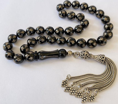 Tesbih TSBH0064AH 925 Ayar Gümüş Püsküllü Gümüş İşlemeli Baklava Dilim Küre Kesim Usta El İşçilikli Erzurum Oltu Tesbih