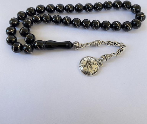 Tesbih TSBH0271HK 925 Ayar Gümüş Püsküllü Gümüş İşlemeli Küre Kesim Erzurum Oltu Taşı Tesbih