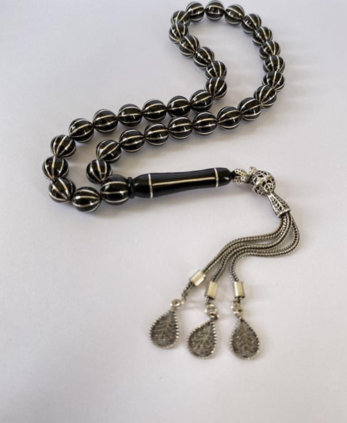 Tesbih TSBH0241BC 925 Ayar Gümüş Püsküllü Gümüş İşlemeli Karpuz Küre Kesim Erzurum Oltu Taşı Tesbih